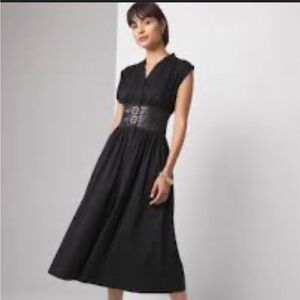 White House Black Market Cotton Cap Sleeve Belted Poplin Black Midi Dress